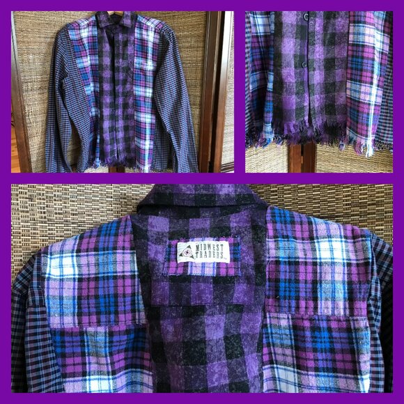 Mixed Print Button-Down Shirt, M: Upcycled Artsy Color Block Purple Black Top - Picture 12 of 12
